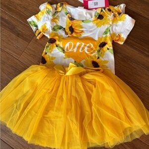 ONE 1st Birthday Sunflower Print Kids Costume with Yellow Tulle Skirt